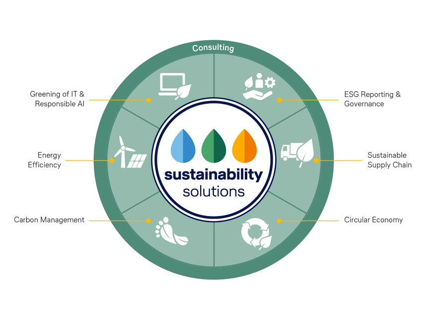 Lufthansa Industry Solutions' ESG consulting covers six areas: 1. ESG reporting & governance, 2. Sustainable supply chain, 3. Circular economy, 4. Carbon management, 5. Energy efficiency, 6. Greening of IT & responsible AI.