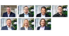 Collage of nine photos with different people against a uniform background—two women and seven men wearing light-colored tops and dark jackets
