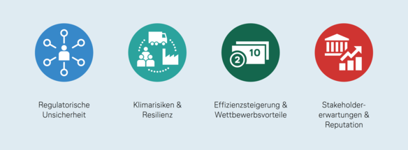 Vier runde Icons mit jeweils einer Unterschrift darunter: 1. Regulatorische Unsicherheit, 2. Klimarisiken & Resilienz, 3. Effizienzsteigerung & Wettbewerbsvorteile, 4. Stakeholder-Erwartungen & Reputation.