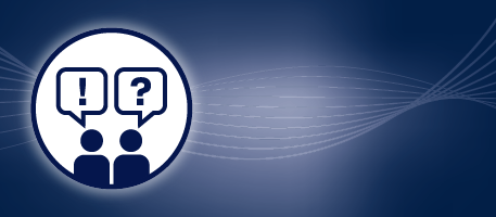 Zwei stilisierte Personen mit Sprechblasen, eine mit Ausrufezeichen und eine mit Fragezeichen darin, symbolisieren Kommunikation und Wissensaustausch.